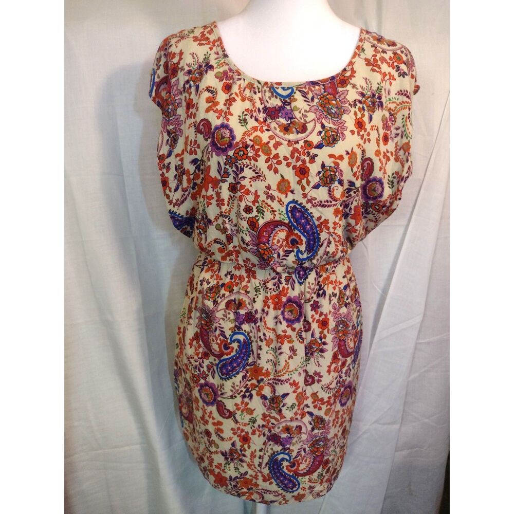 L8ter Boho Paisley Floral Open Back Cutout Elastic Waist Mini Dress Size M